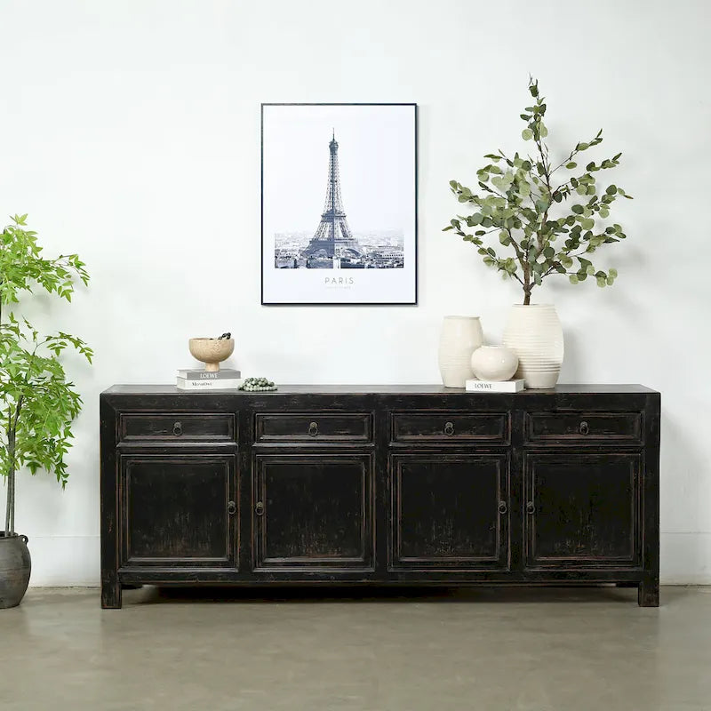 Credenza a quattro cassetti, nero effetto invecchiato, 93 in x 18 in x 35 in H