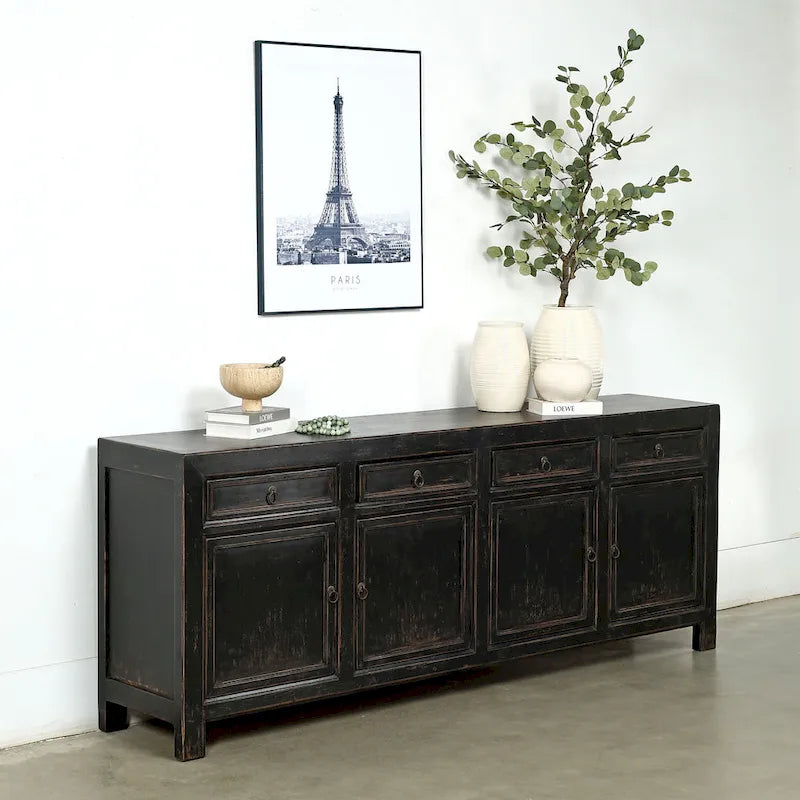 Credenza a quattro cassetti, nero effetto invecchiato, 93 in x 18 in x 35 in H